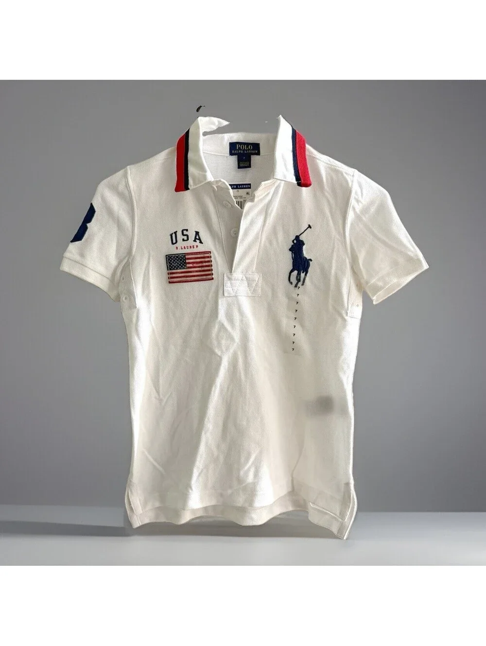 NWT Polo Ralph Lauren USA Big Pony Polo Shirt Youth Size 7 Unisex White
